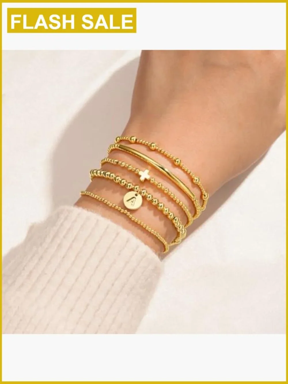 Dainty Cross Initial Beaded Bracelet Stack Gold Stainless Steel Layered Set